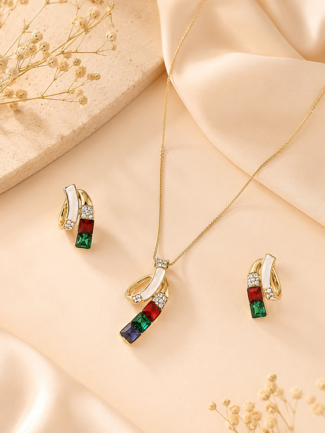 Aanura Multi-Color Ribbon Necklace & Earrings Set