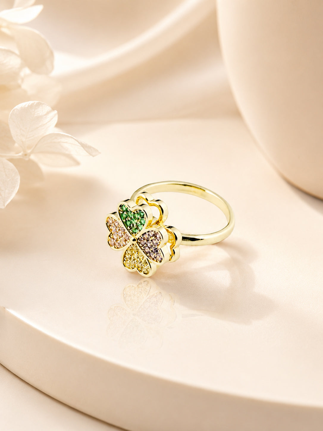 18K Gold Plated Multicolour Clover Crystal Ring