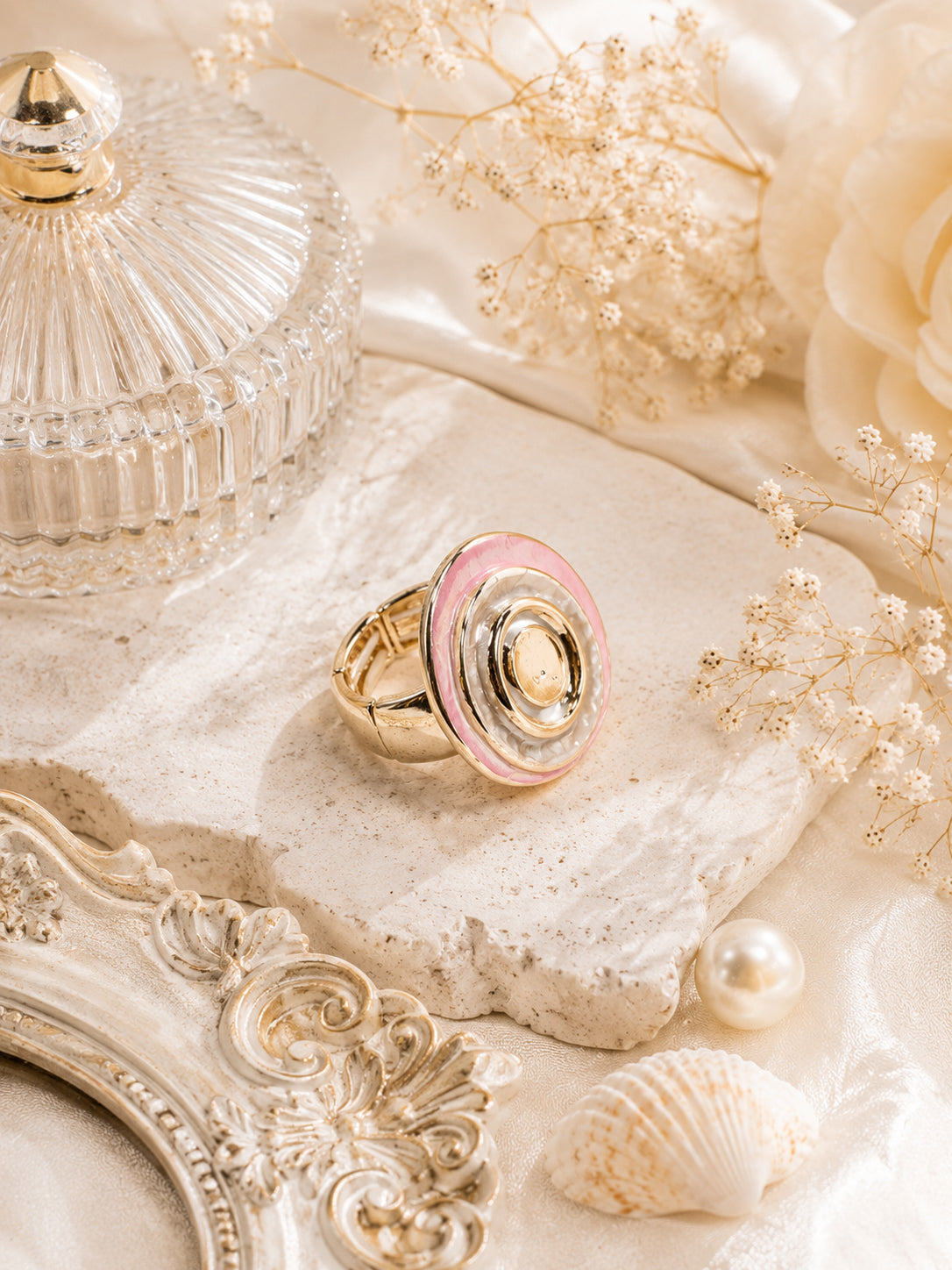 18K Gold-Plated Pink & White Enamel Ring – Anti-Tarnish & Waterproof