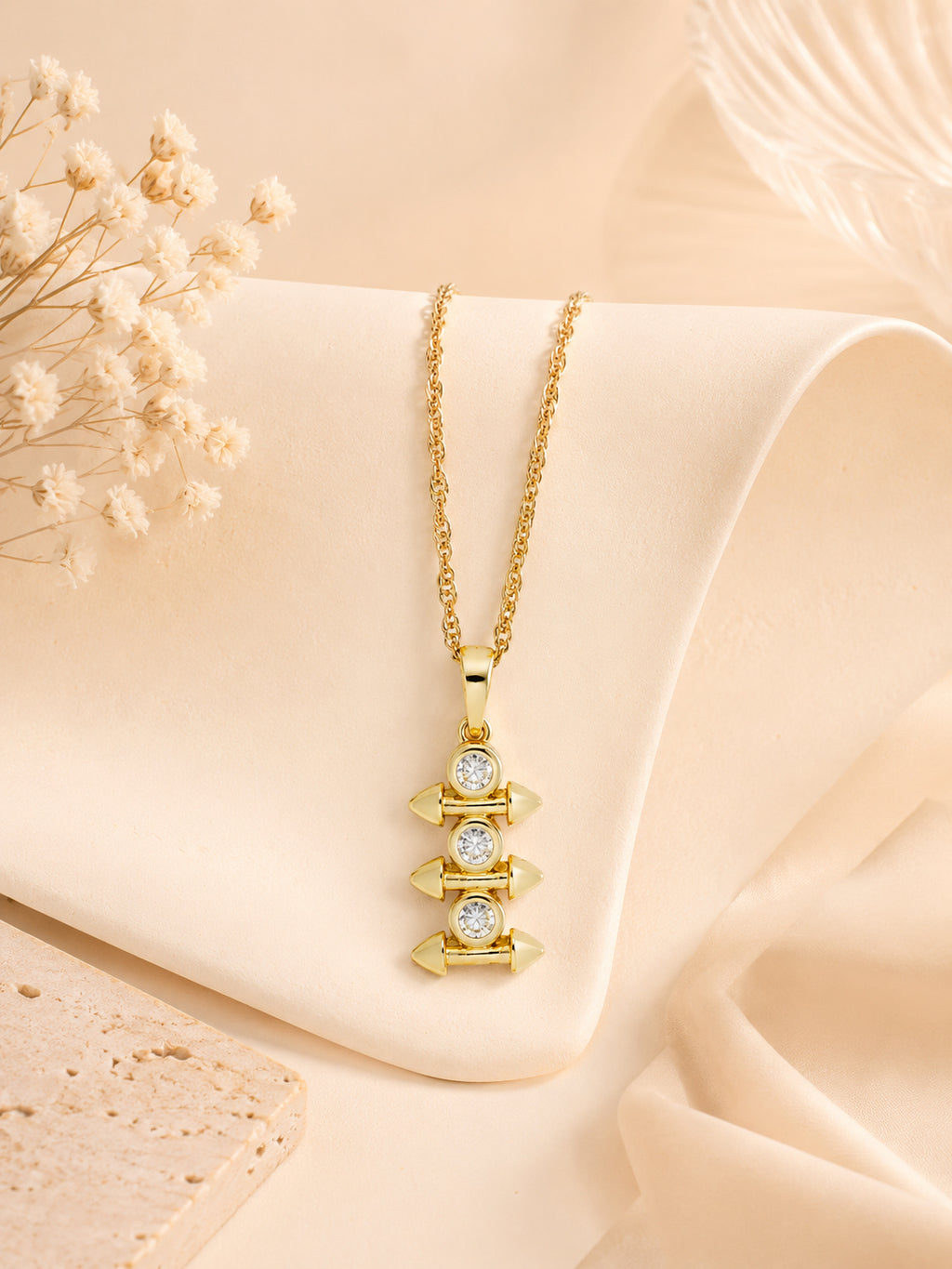 Triple Crystal Arrow Bar Necklace with 18K Gold Plating