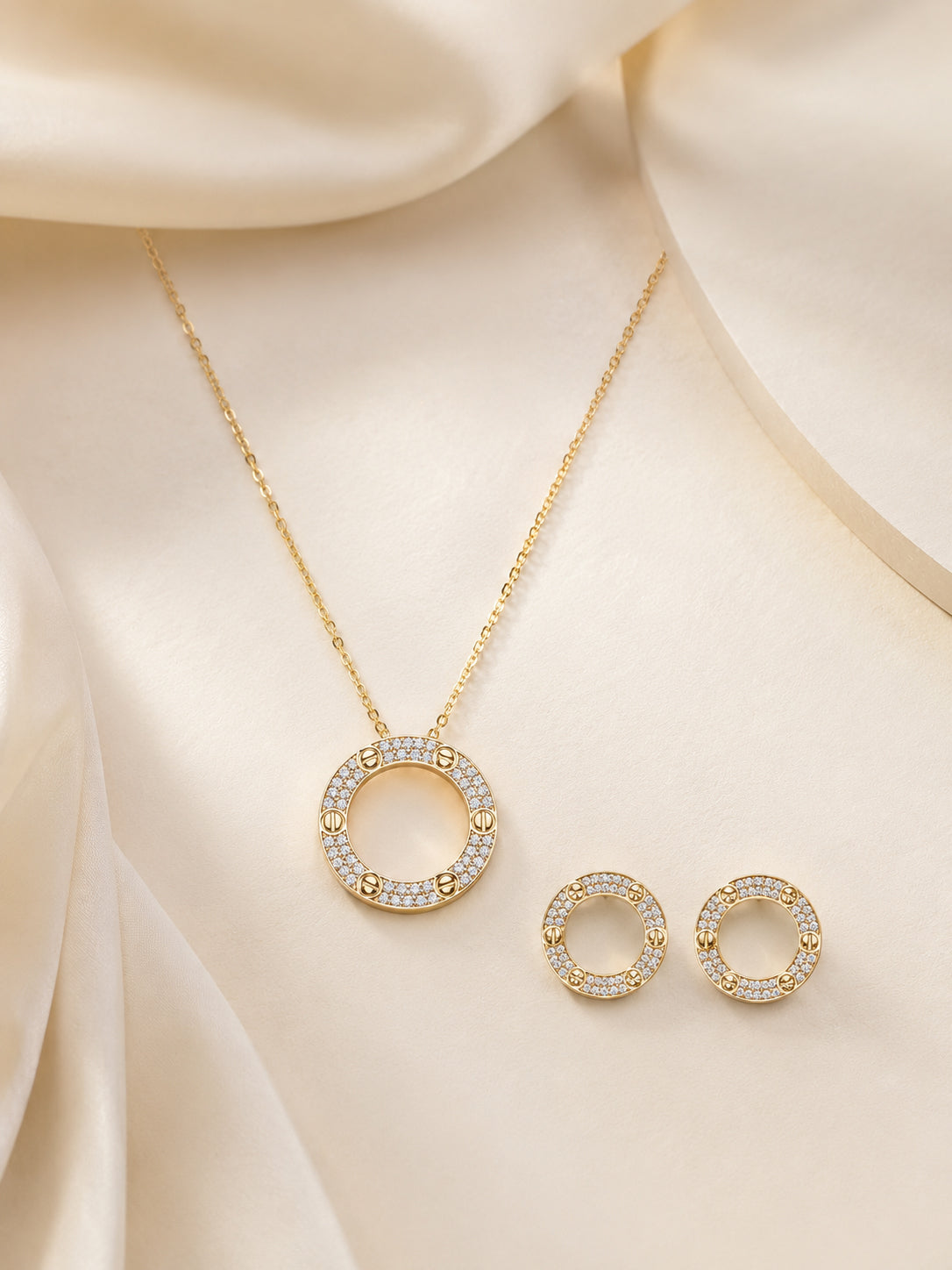 Golden Crystal Circle Necklace & Earrings Set