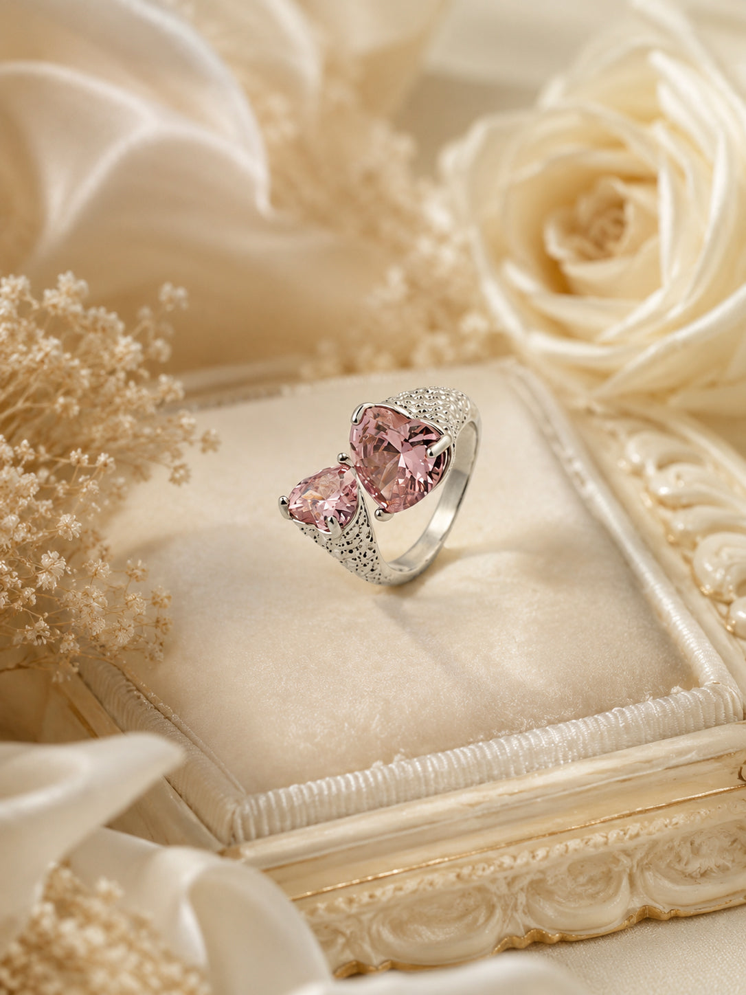 Rhodium Plated Pink Twin Heart Crystal Ring