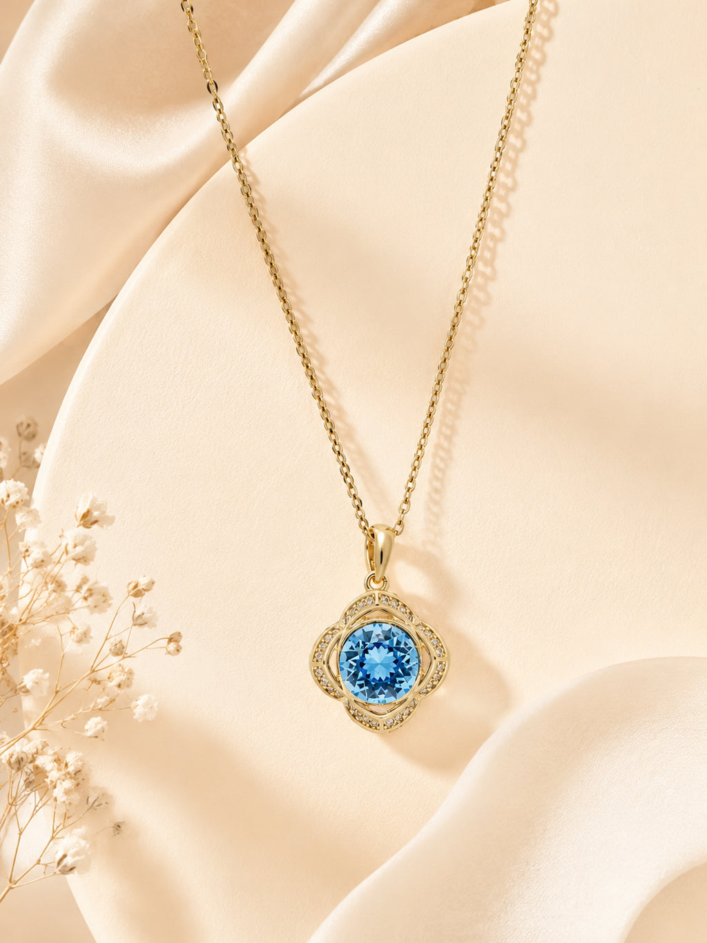 18K Gold Plated Blue Flower Halo Crystal Necklace