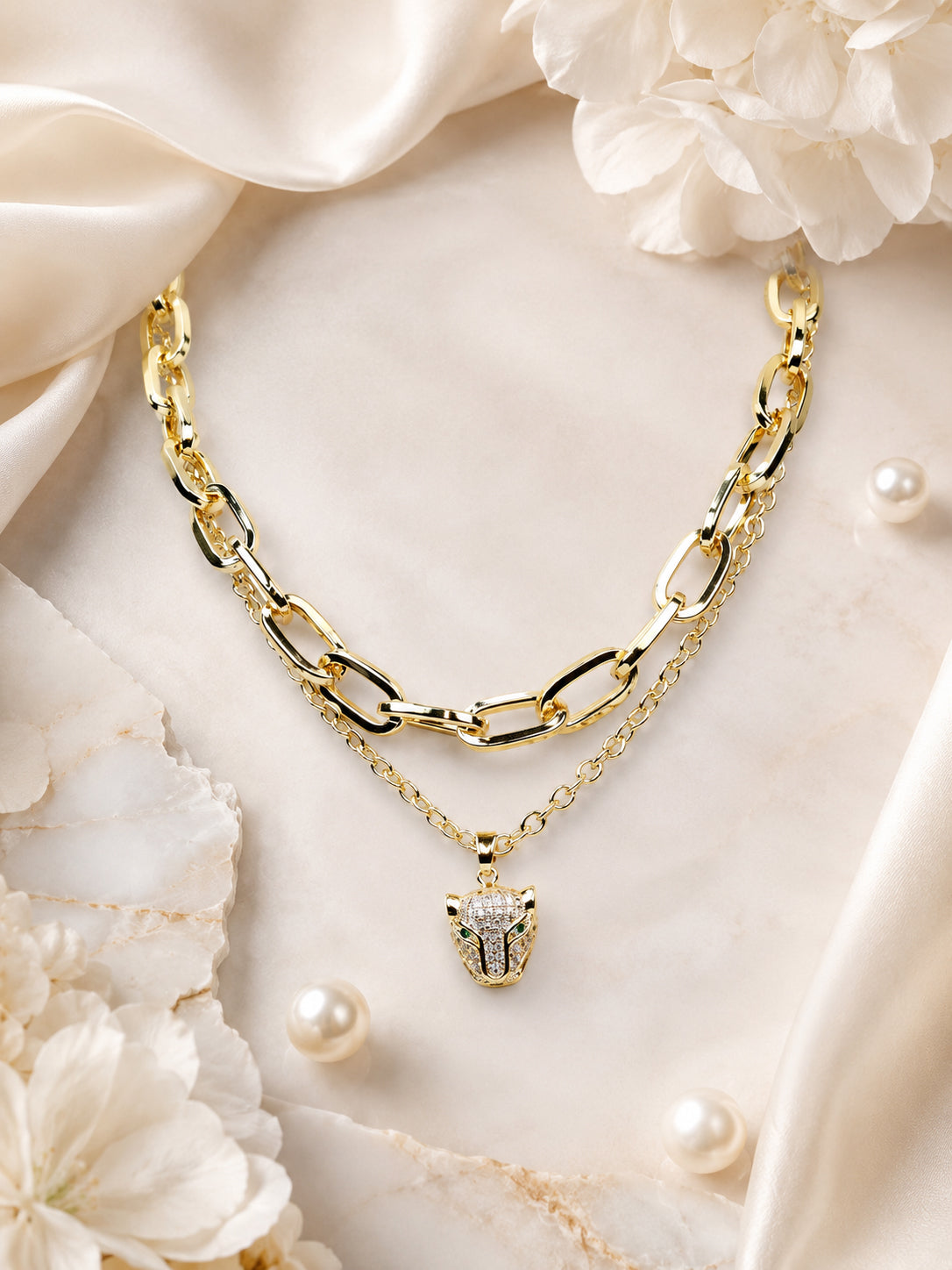Aanura Gold Panther Pendant Layered Chain