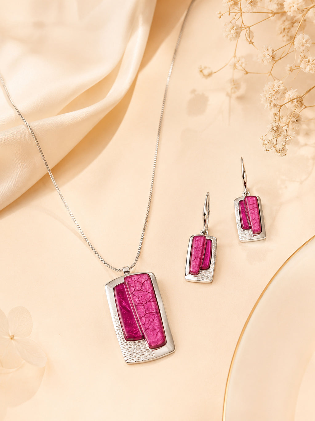 Aanura Rectangular Pink Stone Necklace & Earrings Set