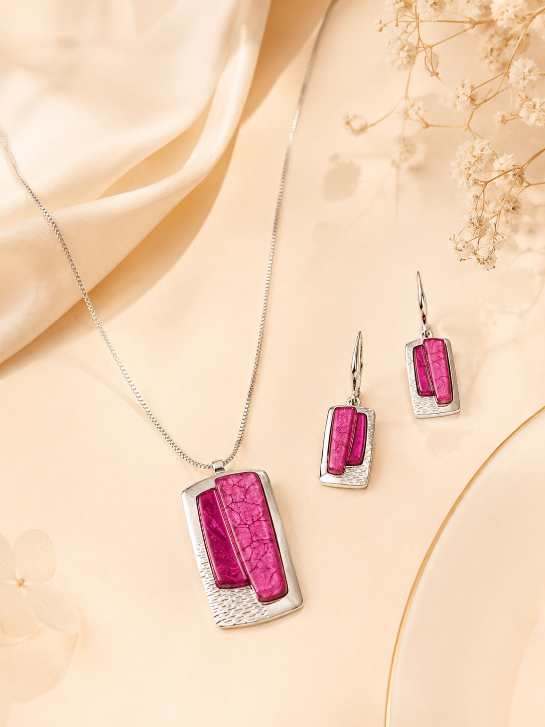 Aanura Rectangular Pink Stone Necklace & Earrings Set