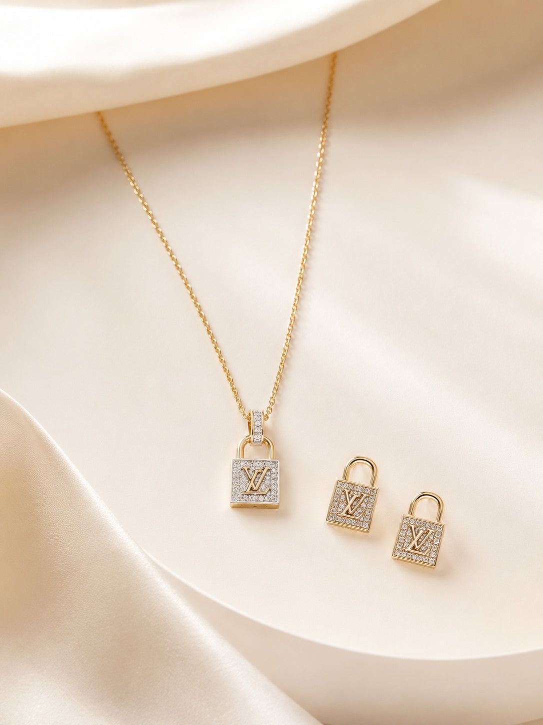 Golden Lock Pendant Necklace & Earrings Set