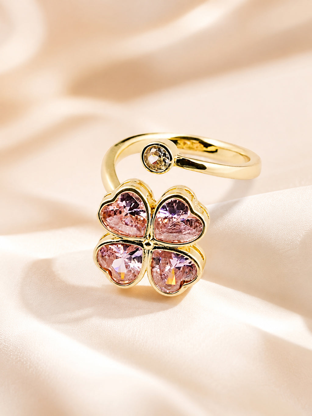 18K Gold Plated Water-Resistant Pink Heart Clover Ring