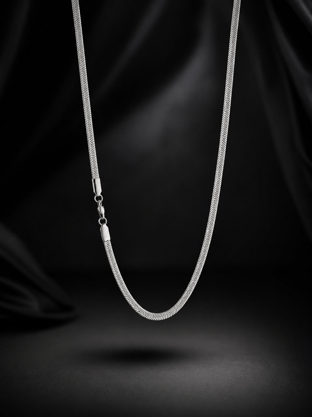 Rhodium Plated Herringbone Chain & Black Woven Bracelet Combo