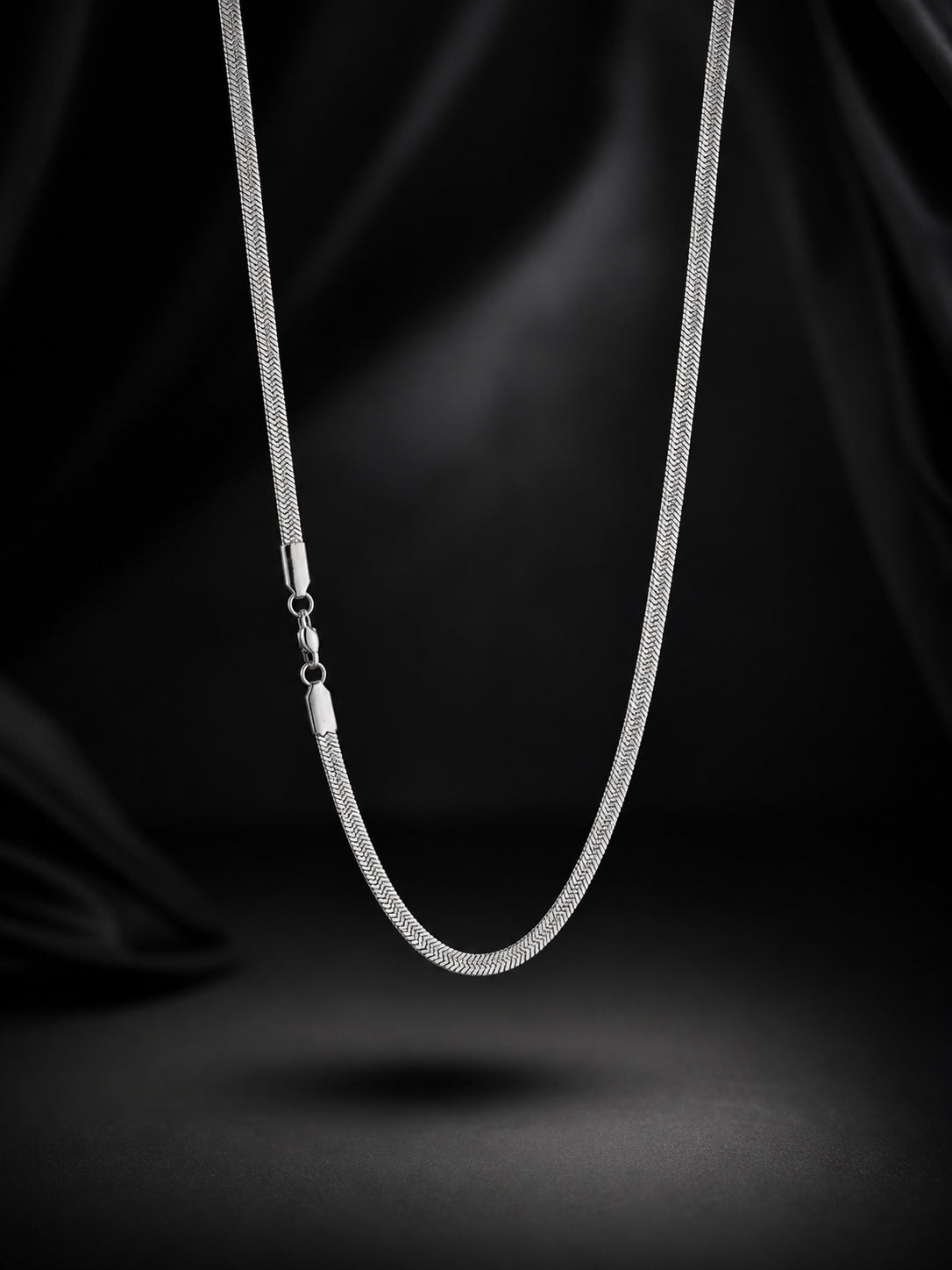 Rhodium Plated Herringbone Chain & Black Woven Bracelet Combo