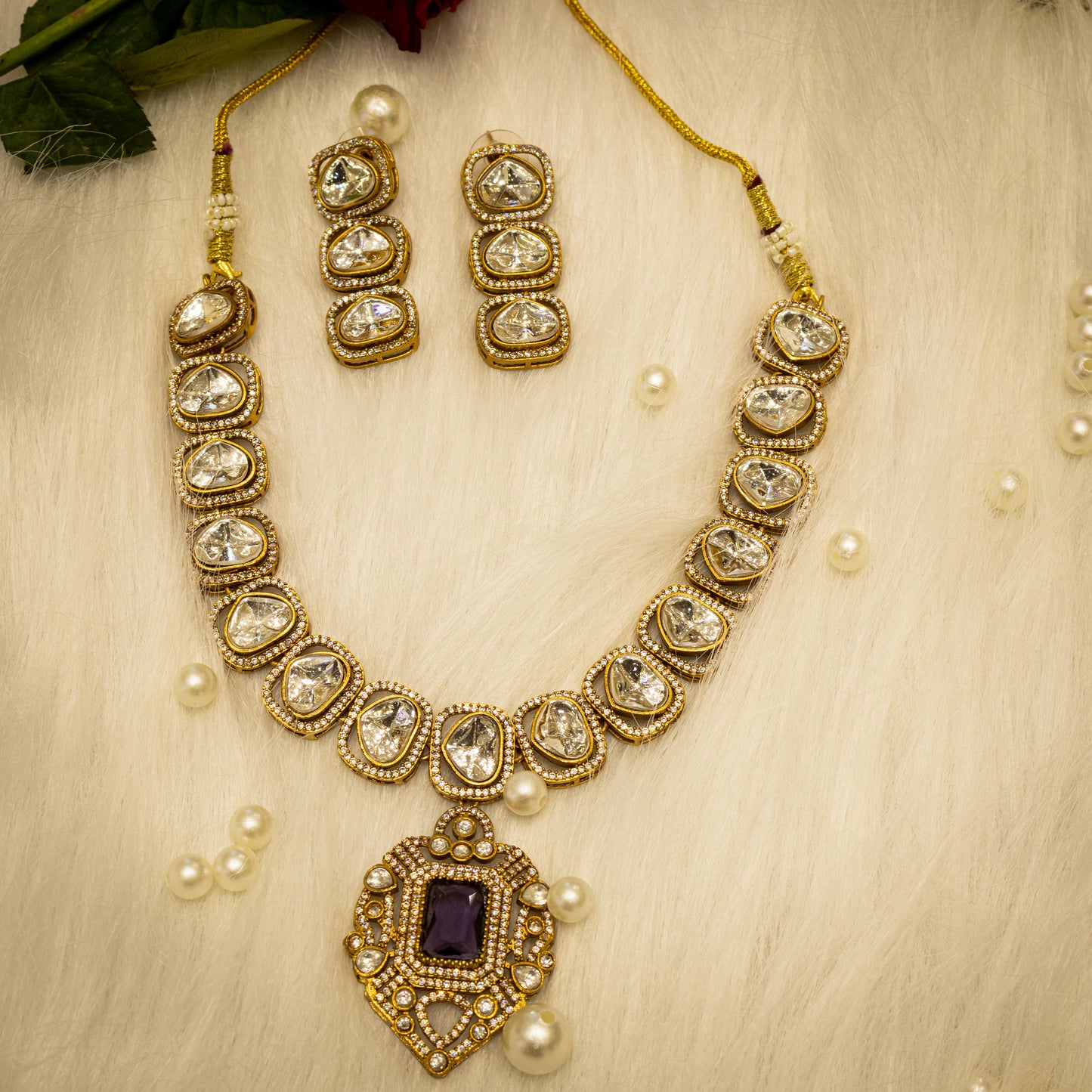 Aanura Kundan Necklace with Pink Stone Heritage Pendant