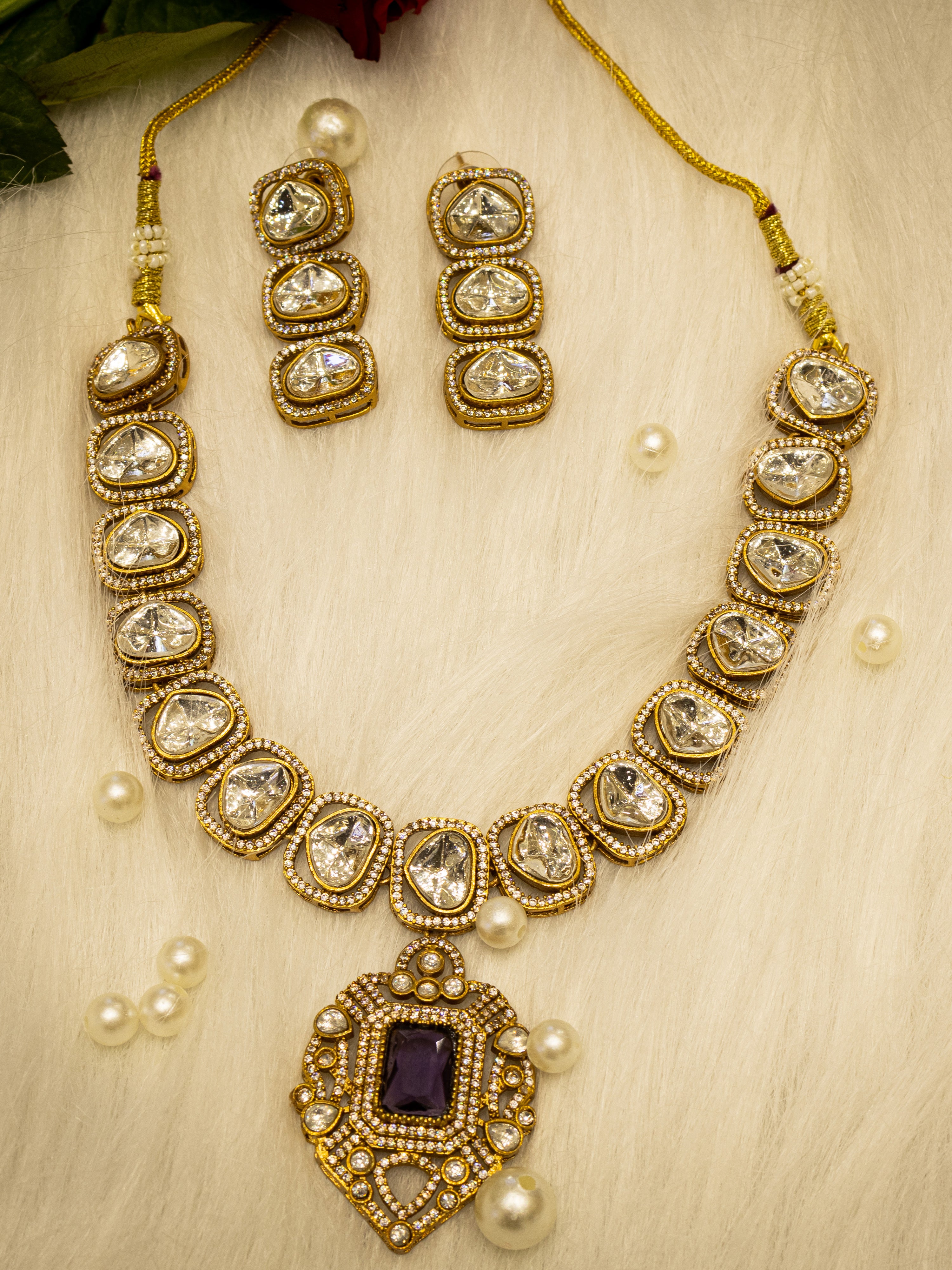 Aanura Kundan Necklace with Pink Stone Heritage Pendant