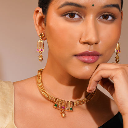 Aanura Gold Plated Layered Necklace & Earring Set