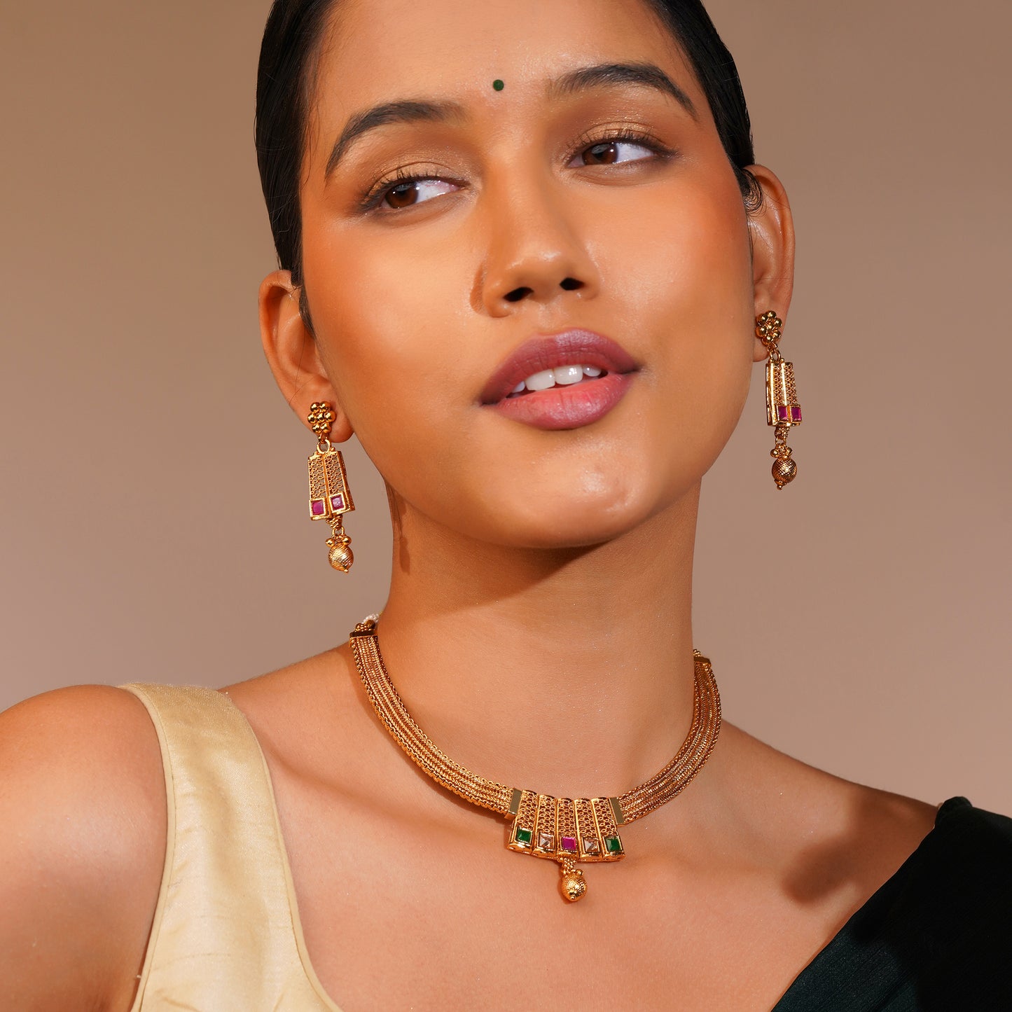 Aanura Gold Plated Layered Necklace & Earring Set