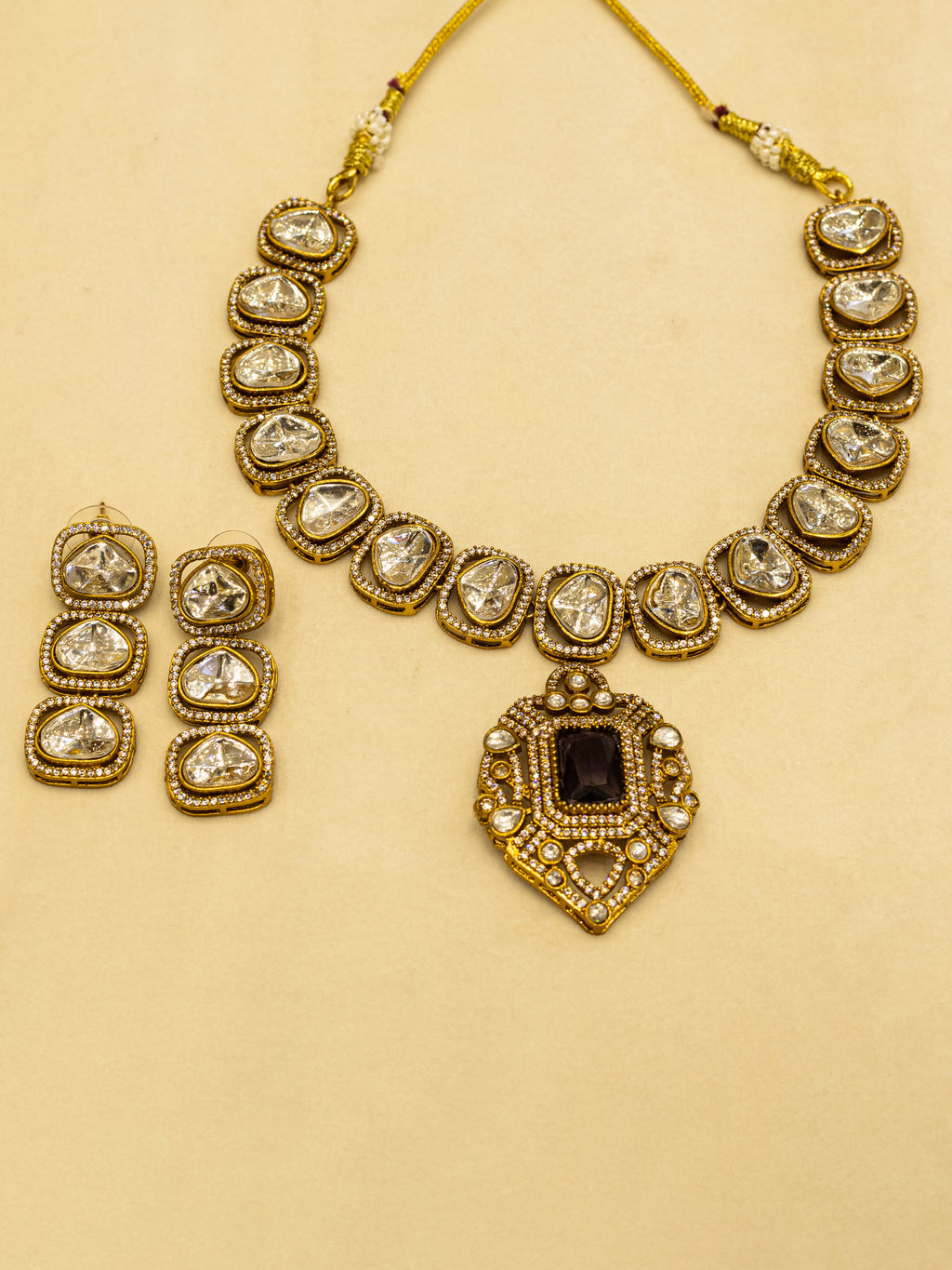 Aanura Kundan Necklace with Pink Stone Heritage Pendant