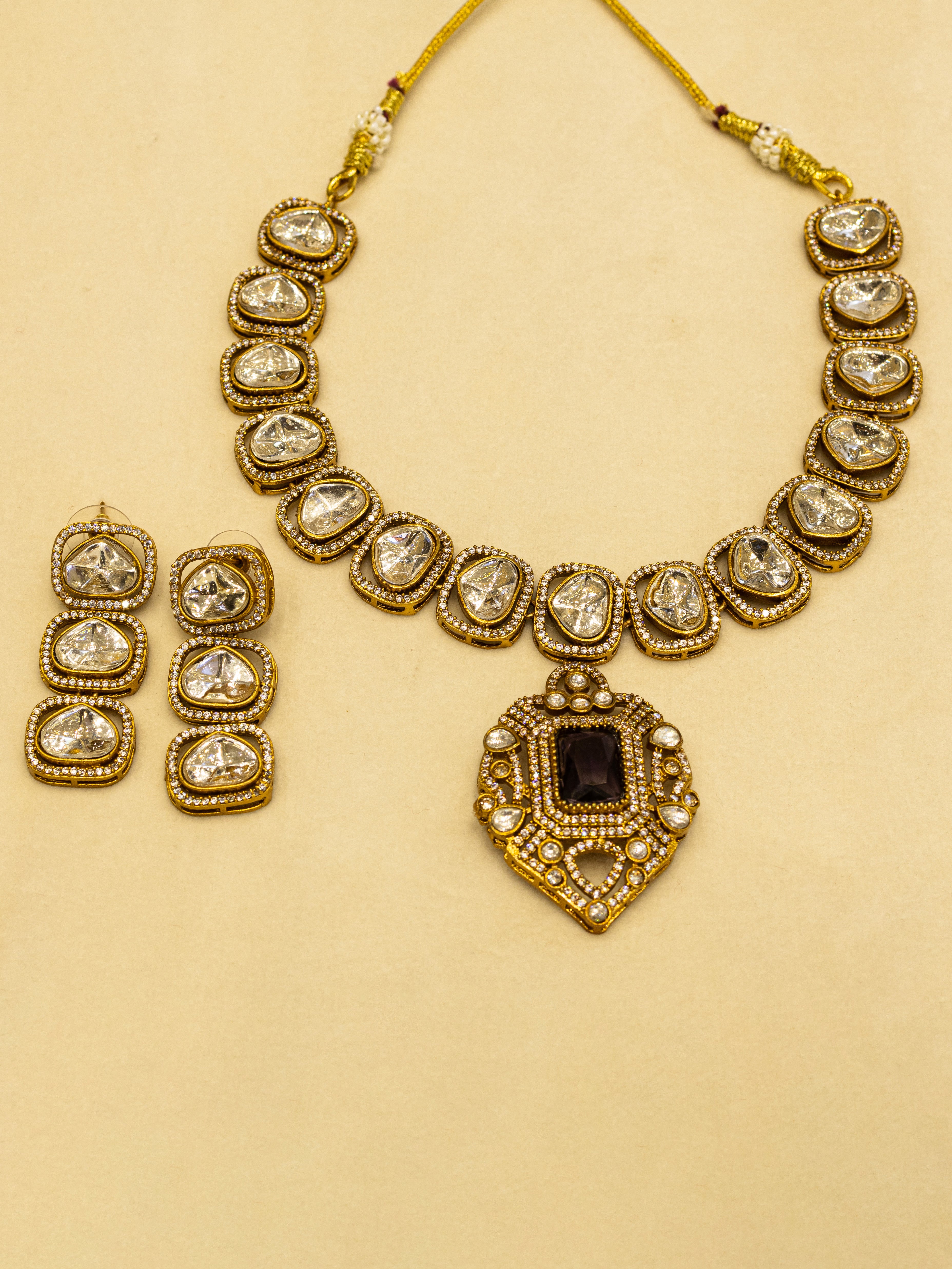 Aanura Kundan Necklace with Pink Stone Heritage Pendant