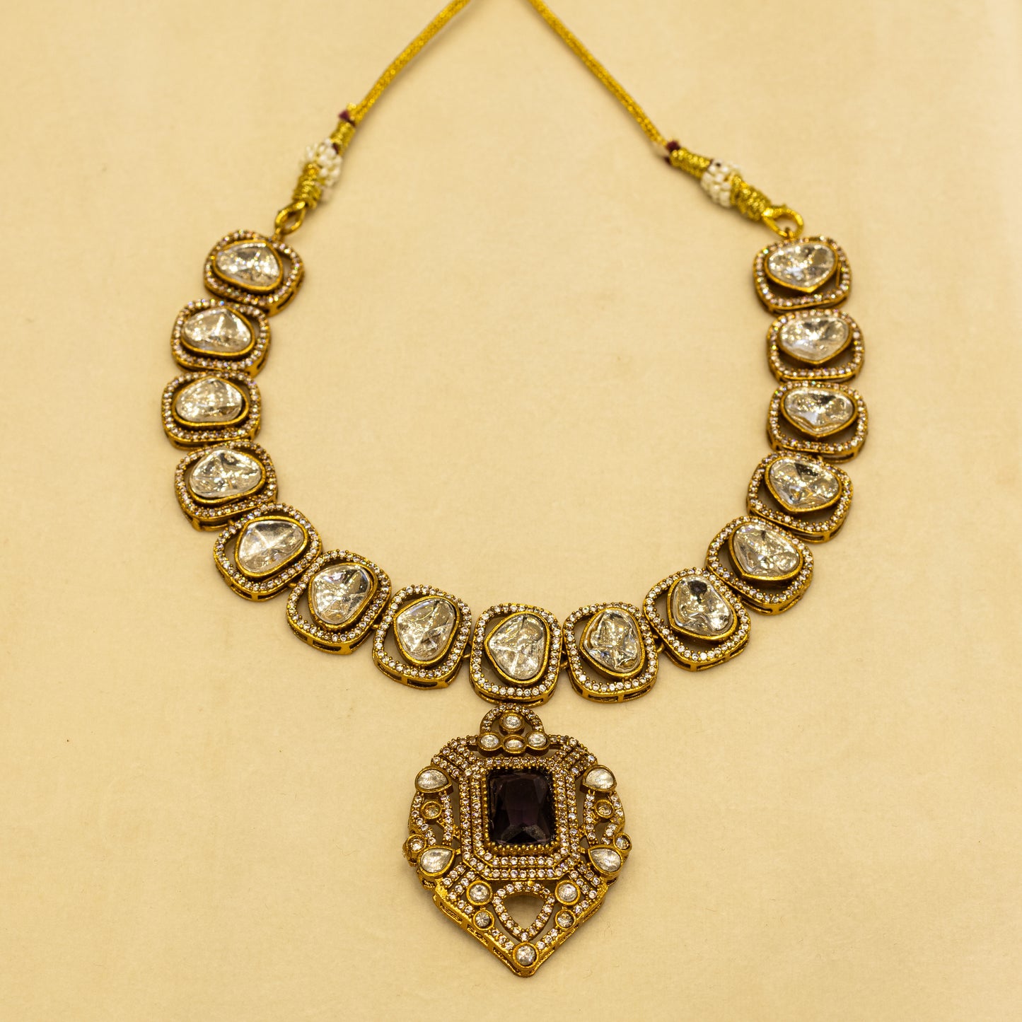 Aanura Kundan Necklace with Pink Stone Heritage Pendant