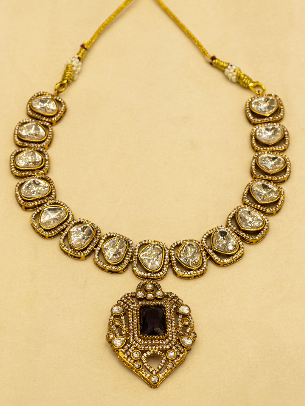 Aanura Kundan Necklace with Pink Stone Heritage Pendant