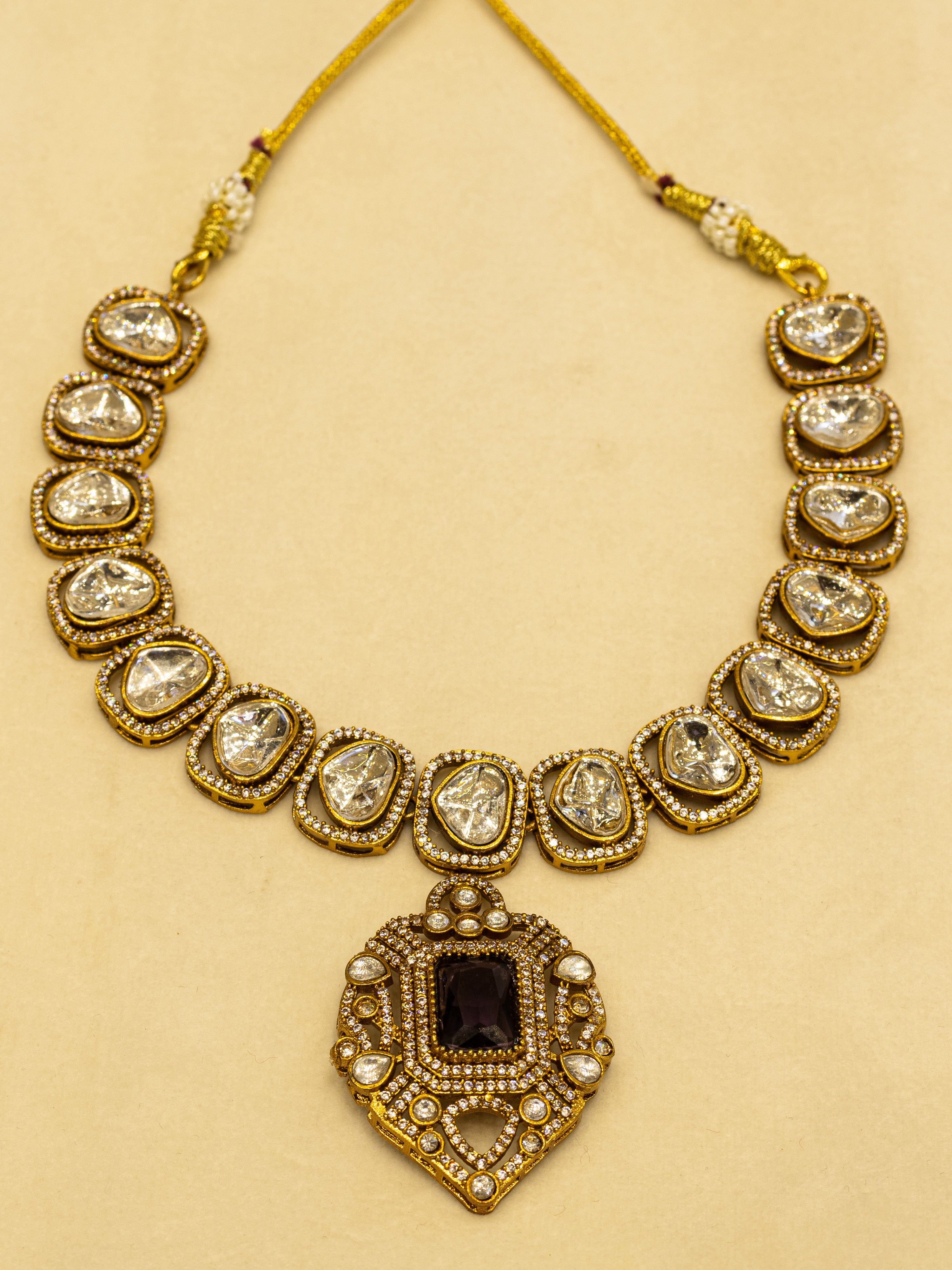 Aanura Kundan Necklace with Pink Stone Heritage Pendant