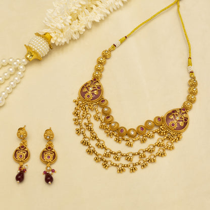 Aanura Layered Gold Necklace Set with Pearl Drop Earrings