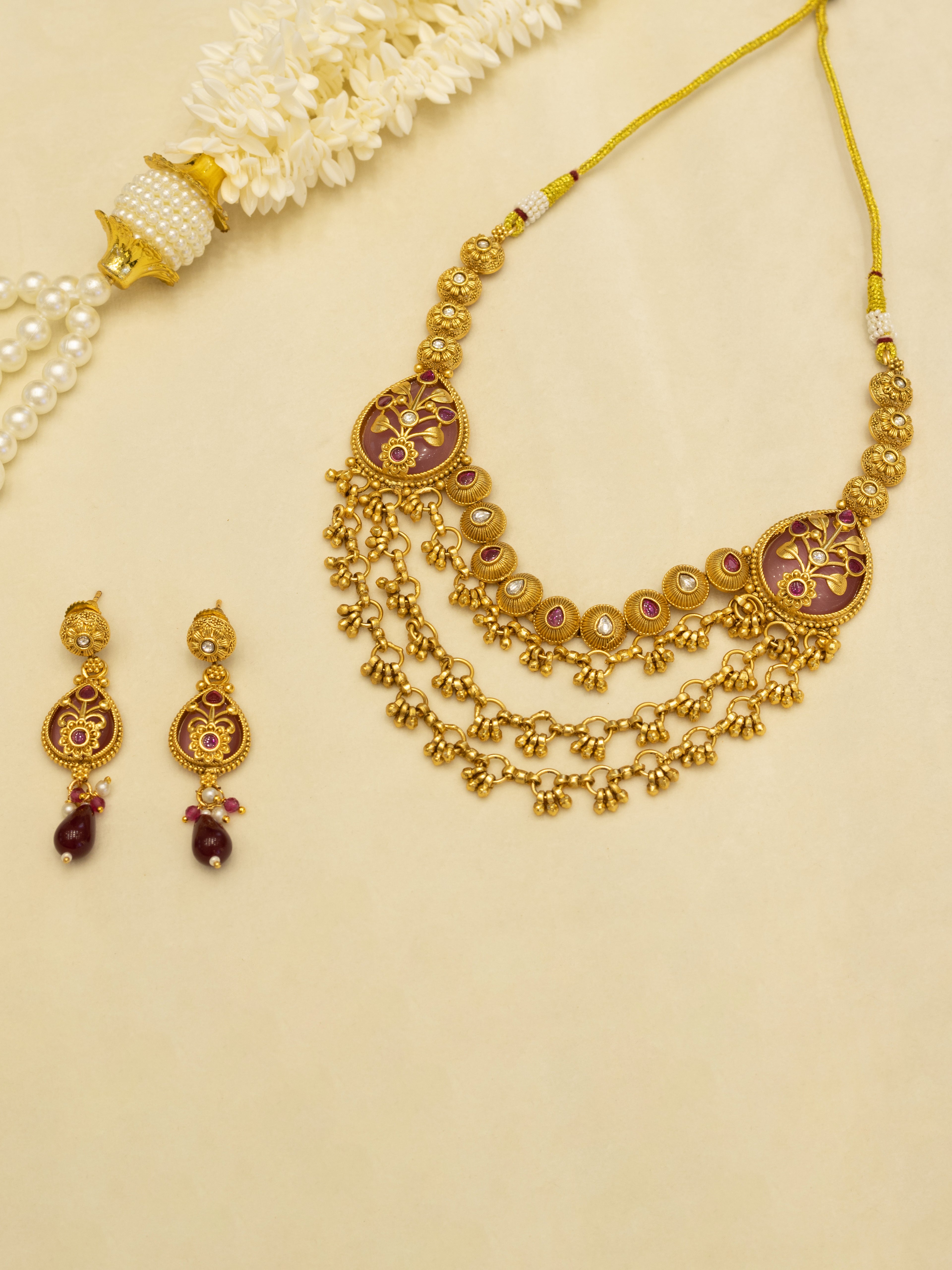 Aanura Layered Gold Necklace Set with Pearl Drop Earrings