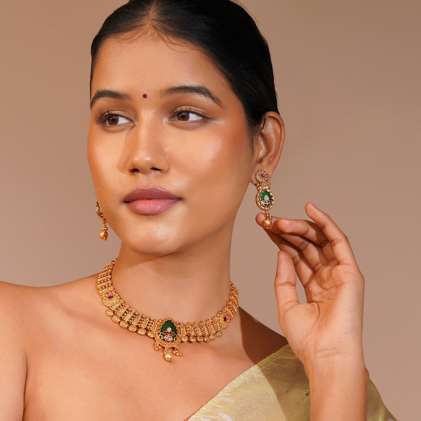 Aanura Gold Plated Emerald Aura Necklace Set