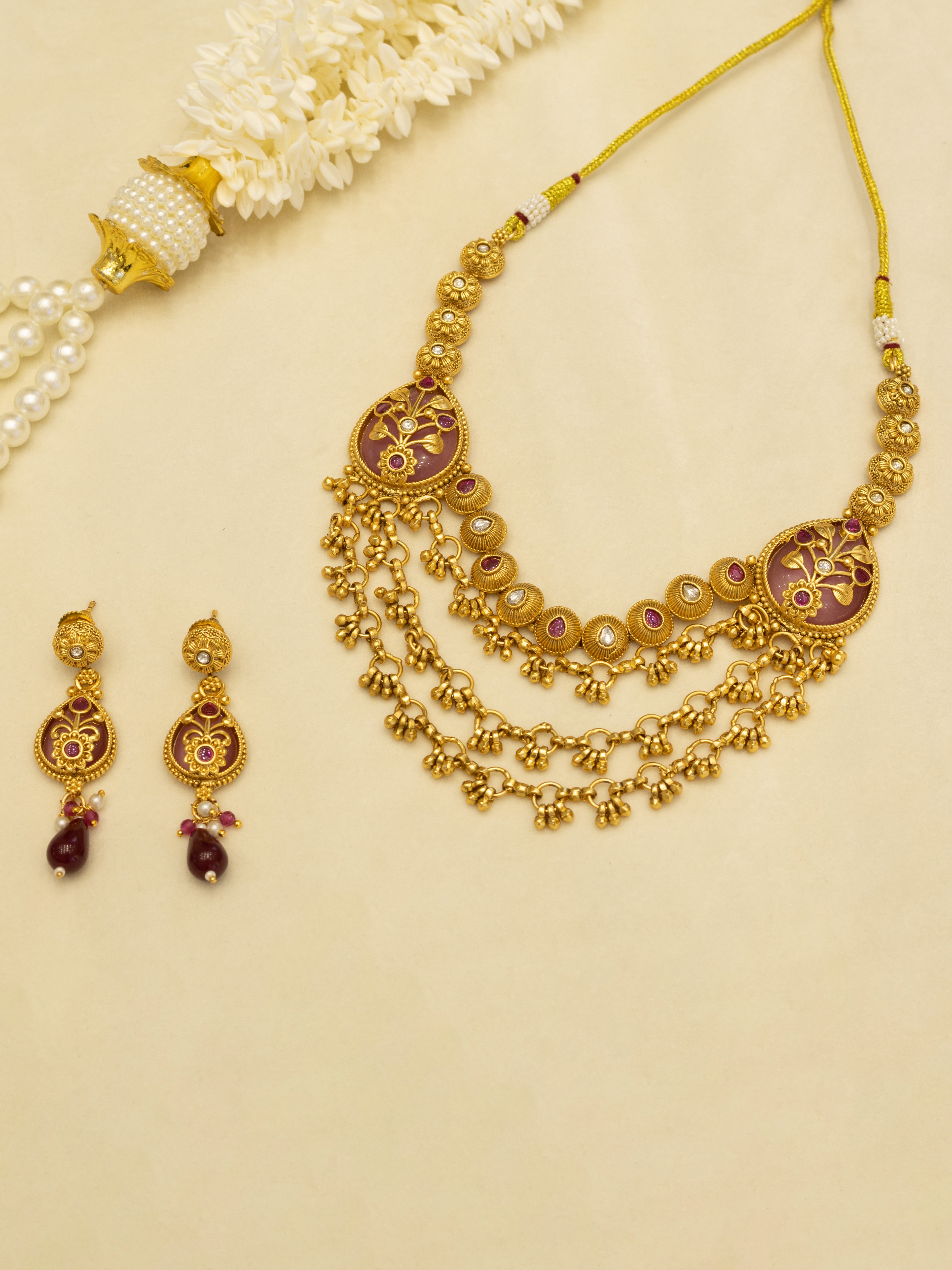 Aanura Layered Gold Necklace Set with Pearl Drop Earrings