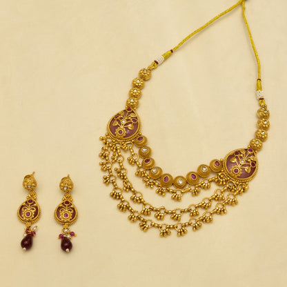 Aanura Layered Gold Necklace Set with Pearl Drop Earrings