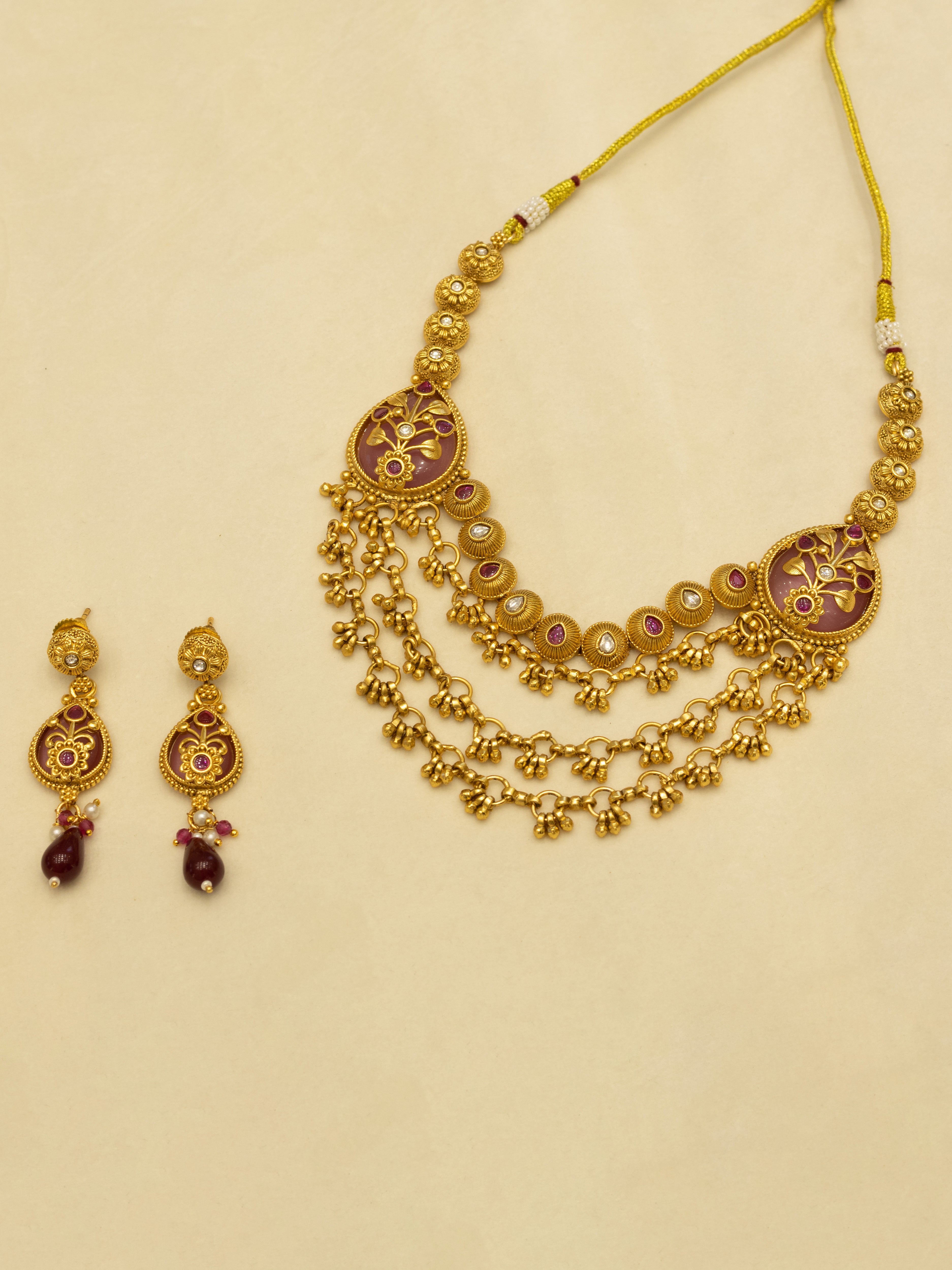 Aanura Layered Gold Necklace Set with Pearl Drop Earrings