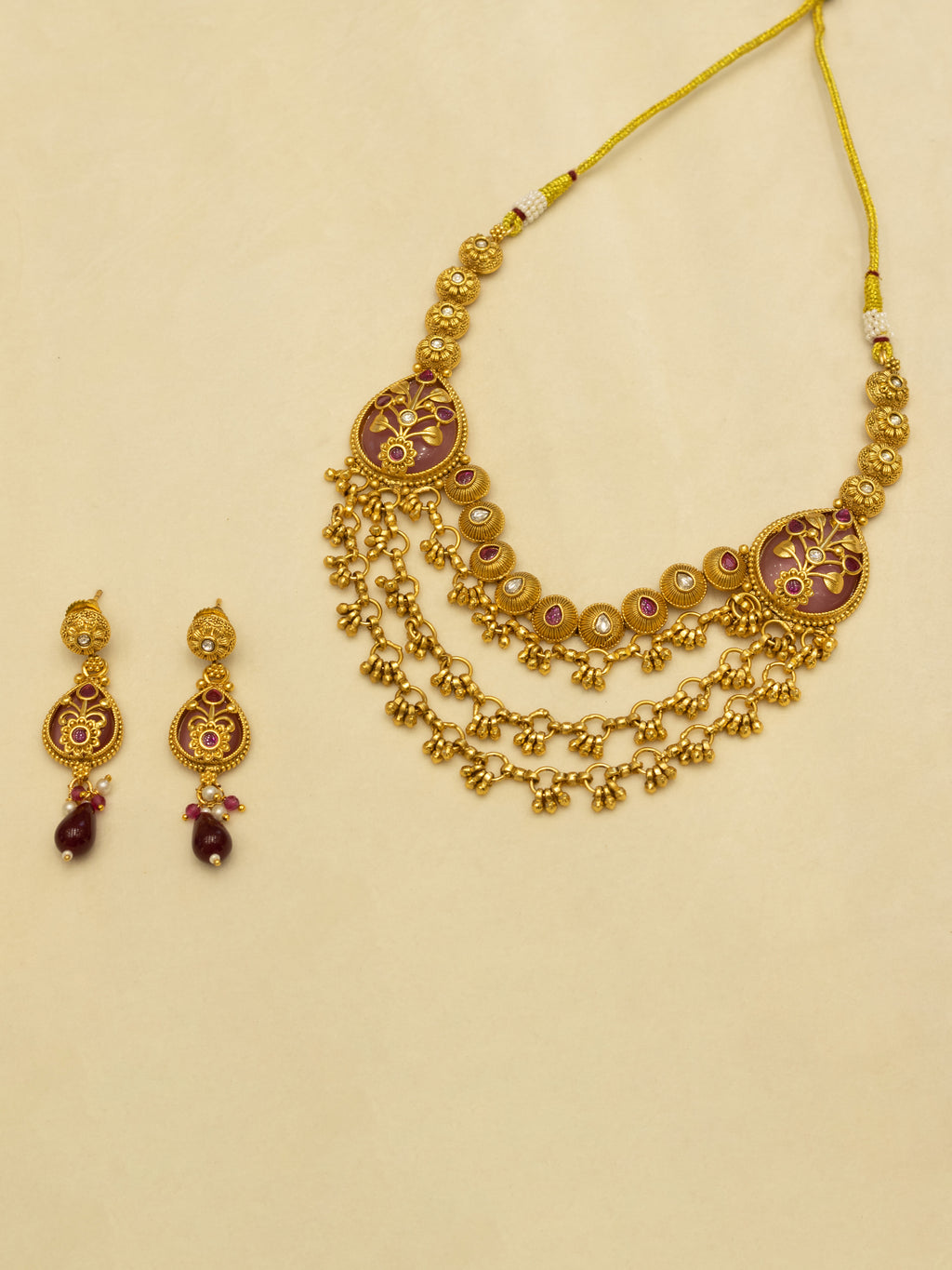 Aanura Layered Gold Necklace Set with Pearl Drop Earrings