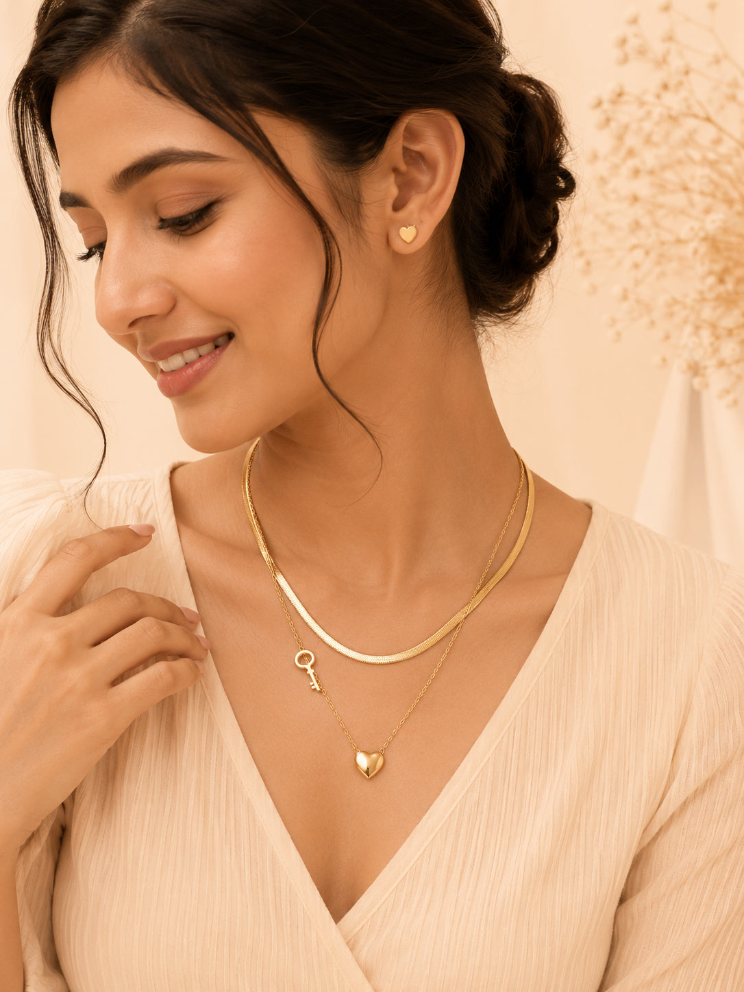 Aanura Golden Heart & Key Necklace & Earrings Set