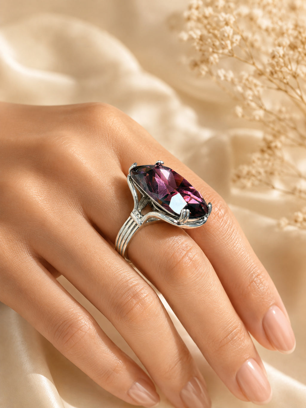 Rhodium Plated Purple Crystal Statement Ring