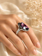 Rhodium Plated Purple Crystal Statement Ring