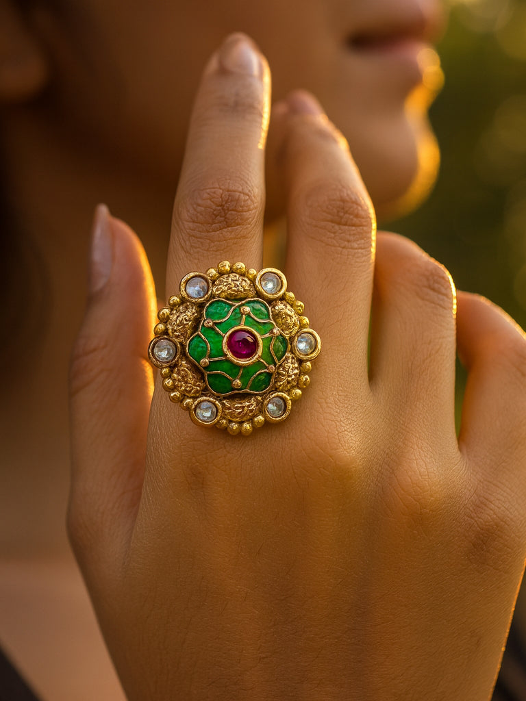 Aanura Gold-Plated Round Ruby & Green Floral Ring
