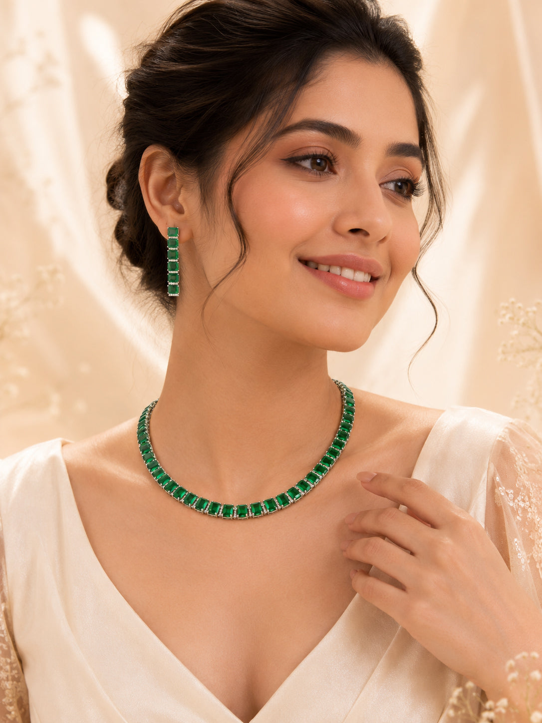 Aanura Green Emerald-Cut Necklace Set in Stainless Steel