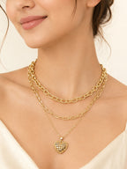 Aanura Layered Gold Chain Necklace with Waffle Heart Pendant