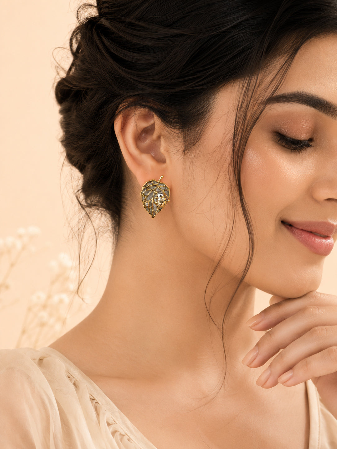Aanura Leaf Ladybug Earrings