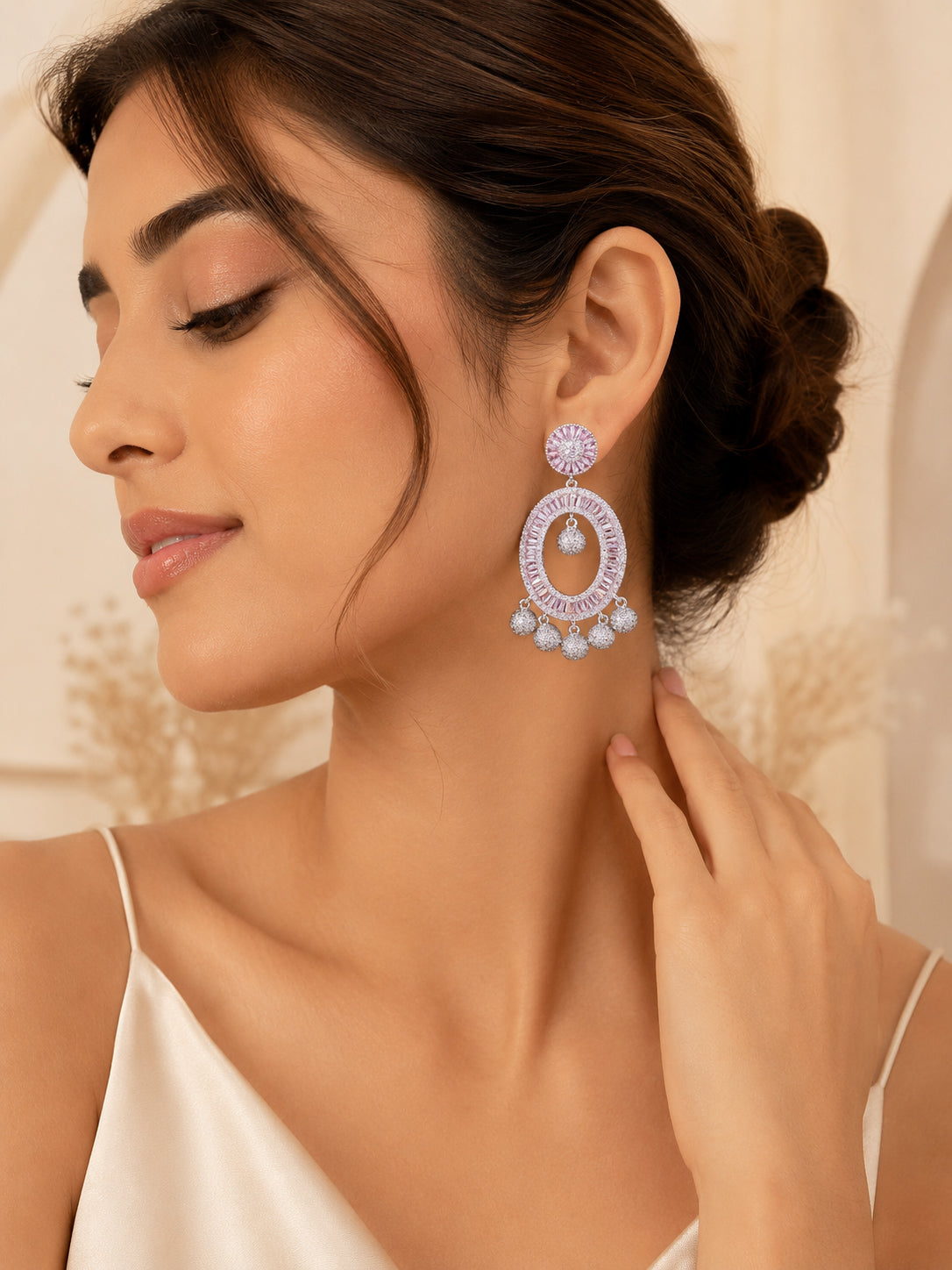 Aanura Pink Baguette Oval CZ Cluster Drop Earrings