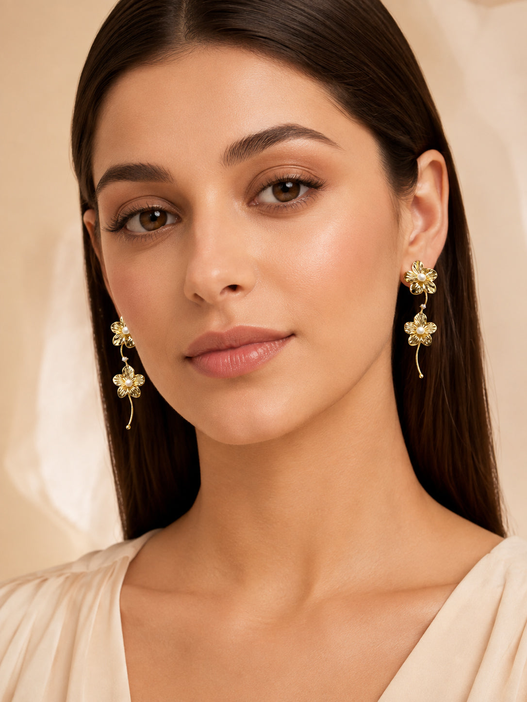 Aanura Pearl Center Floral Long Drop Earrings