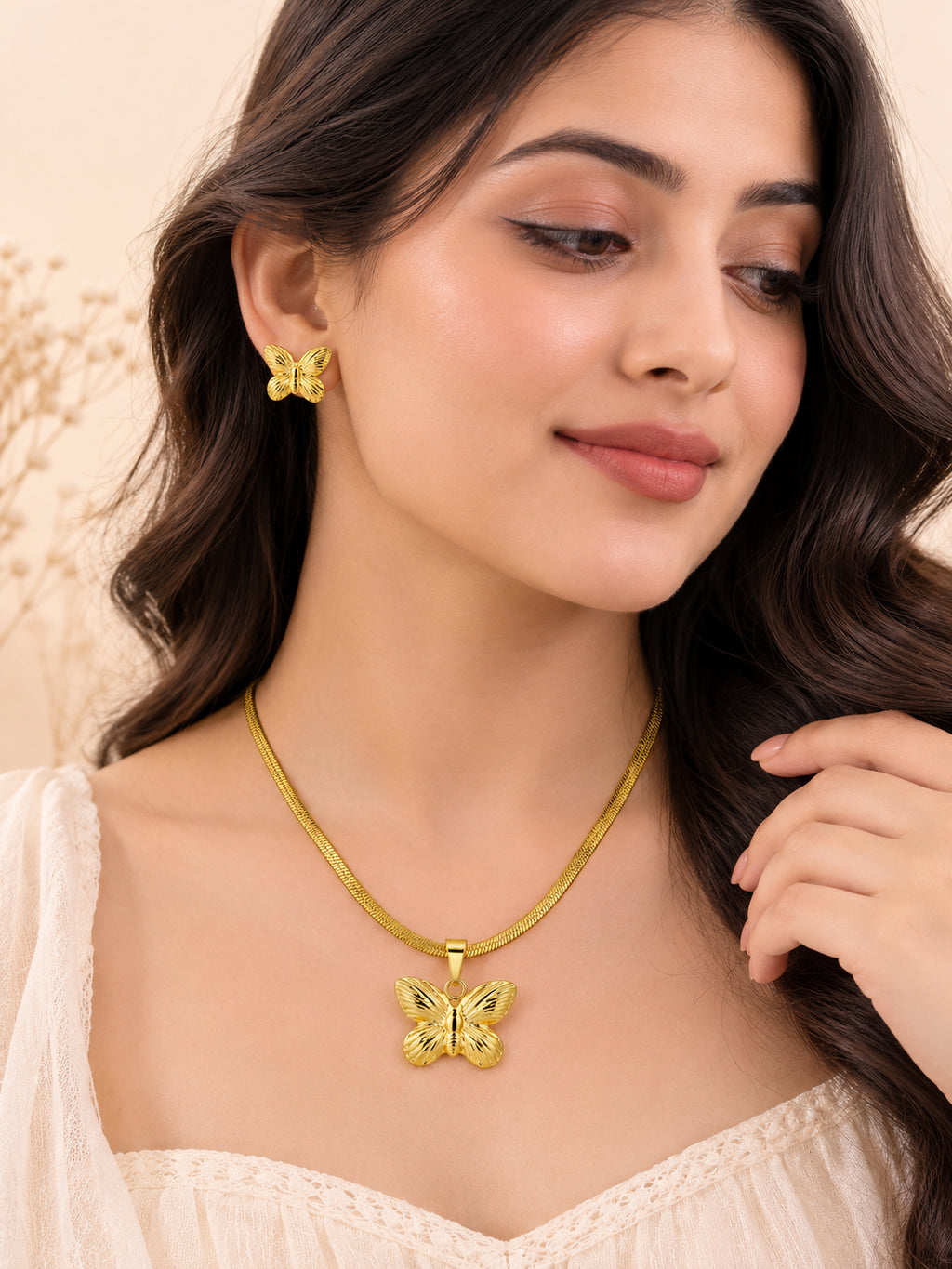 Butterfly Snake Chain Pendant & Stud Set in 18K Gold Plating