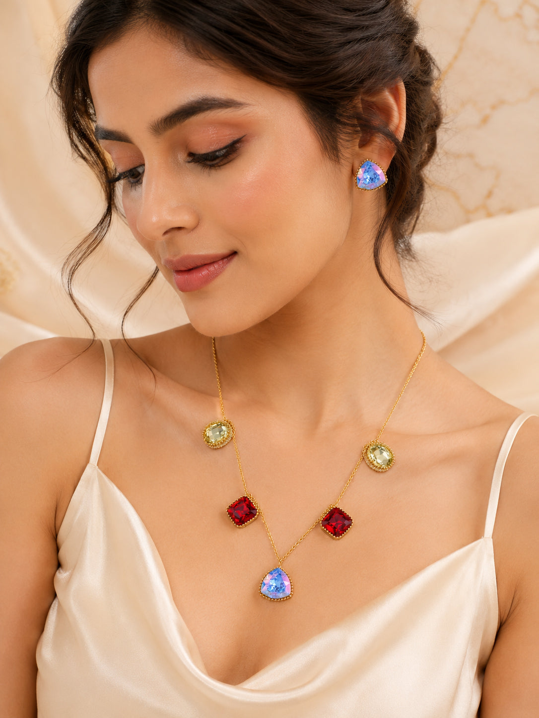 Aanura Multicolor Gemstone Necklace Set in Stainless Steel