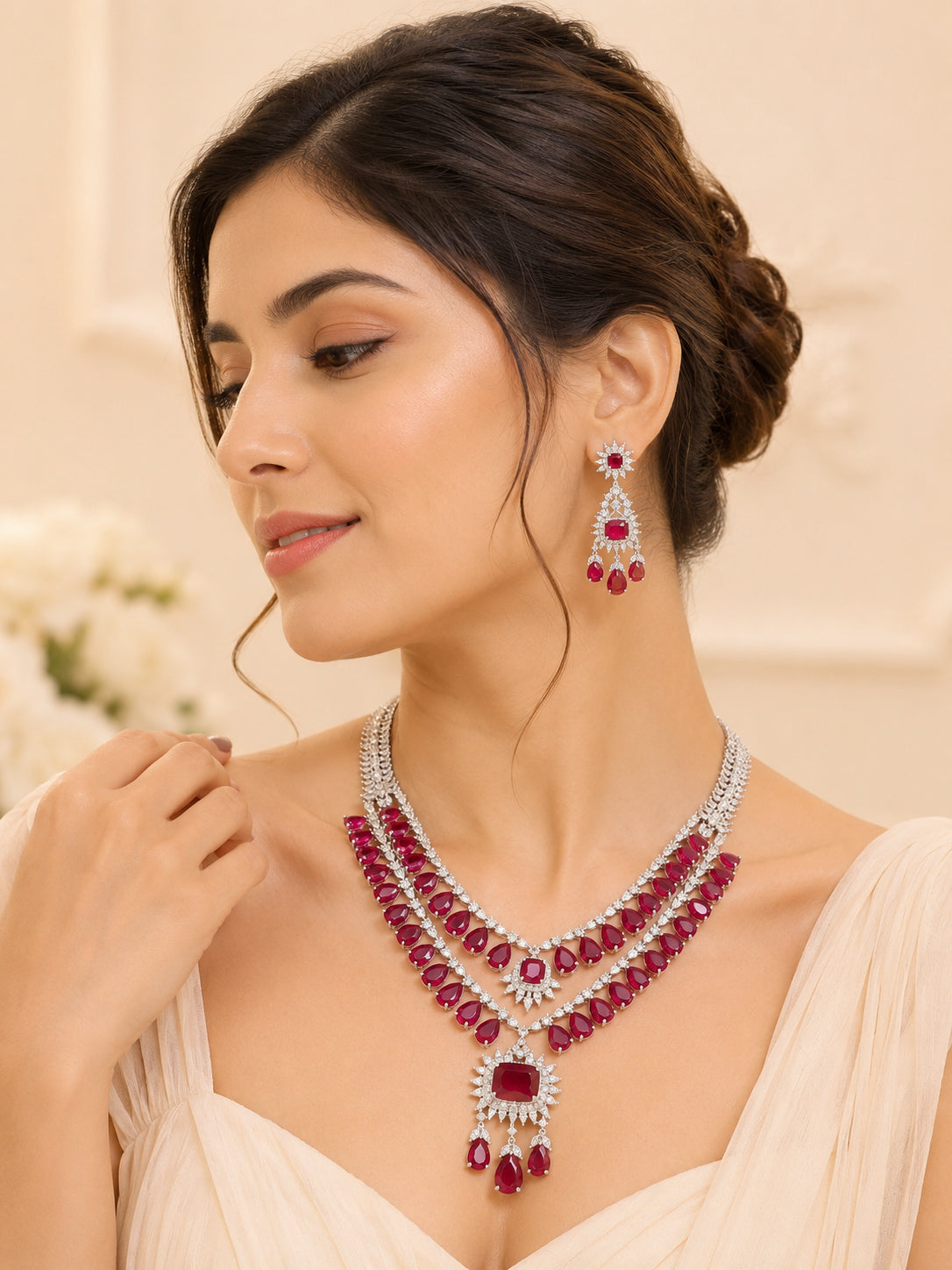 Aanura Ruby Red Bridal Necklace Set in Stainless Steel