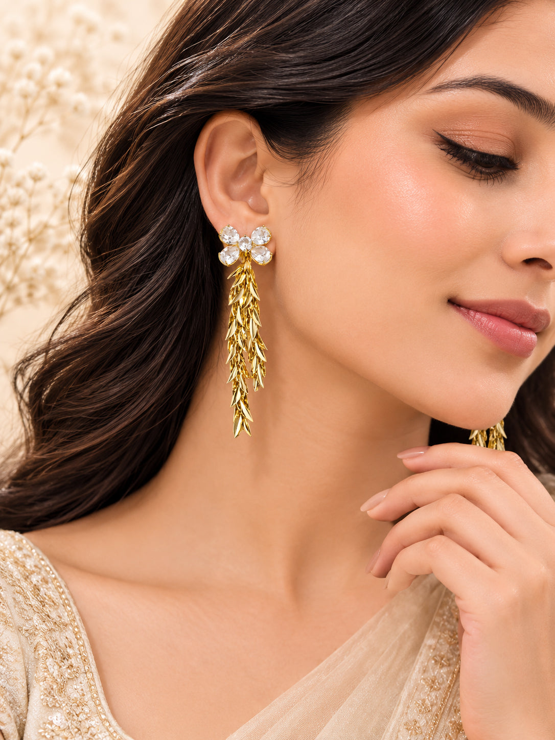 Aanura Crystal Blossom Leaf Drop Earrings