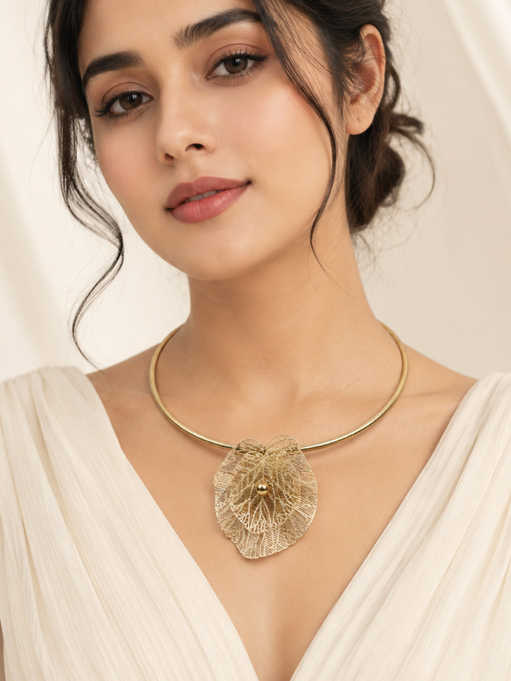 Aanura Gold Choker Necklace with Delicate Leaf Charm