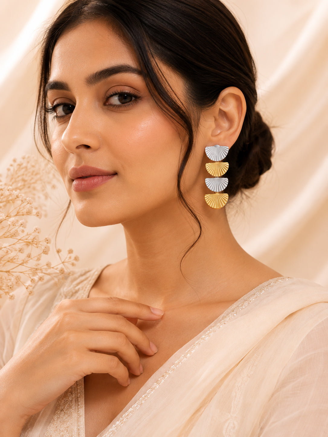Aanura Solaris Fan Cascade Earrings – Dual-Tone Stainless Steel