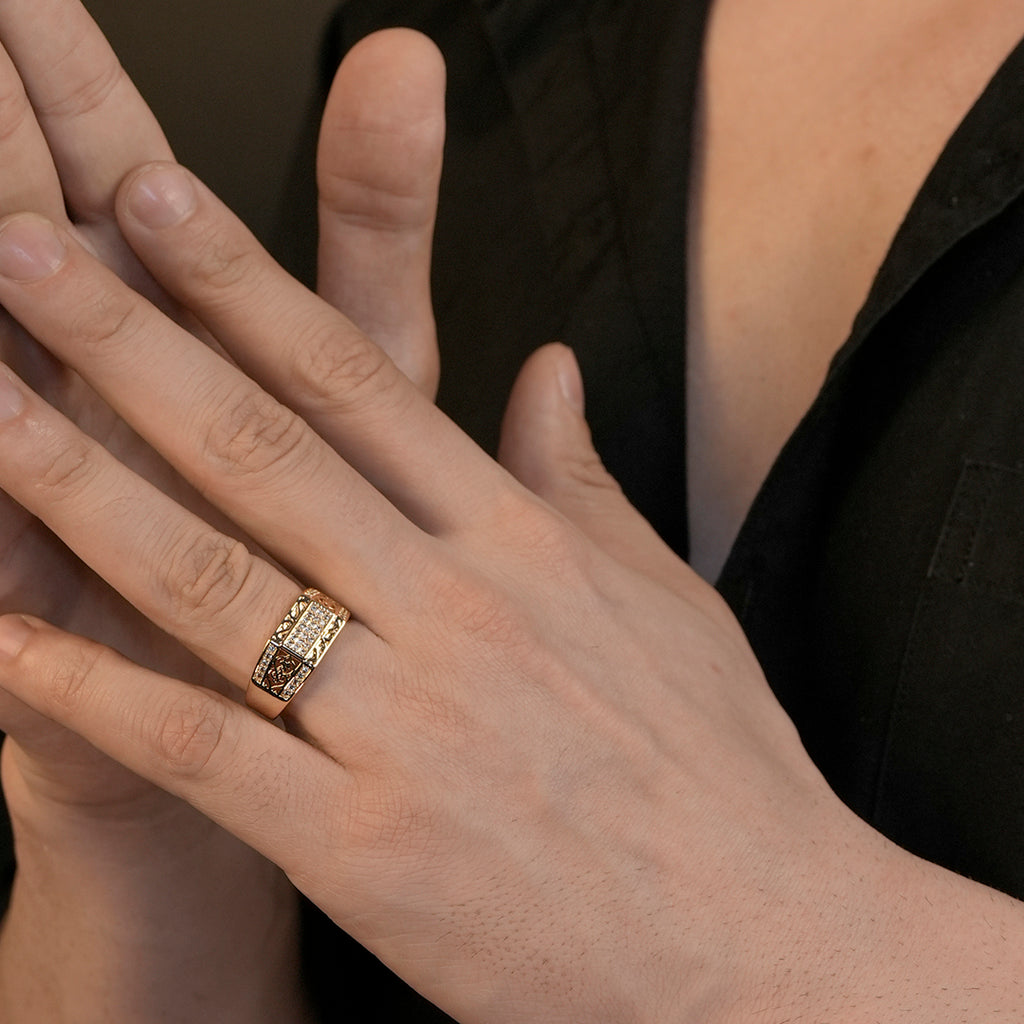 18K Gold Plated Gold Stone Grid Anti-Tarnish Demi-Fine Ring for Men