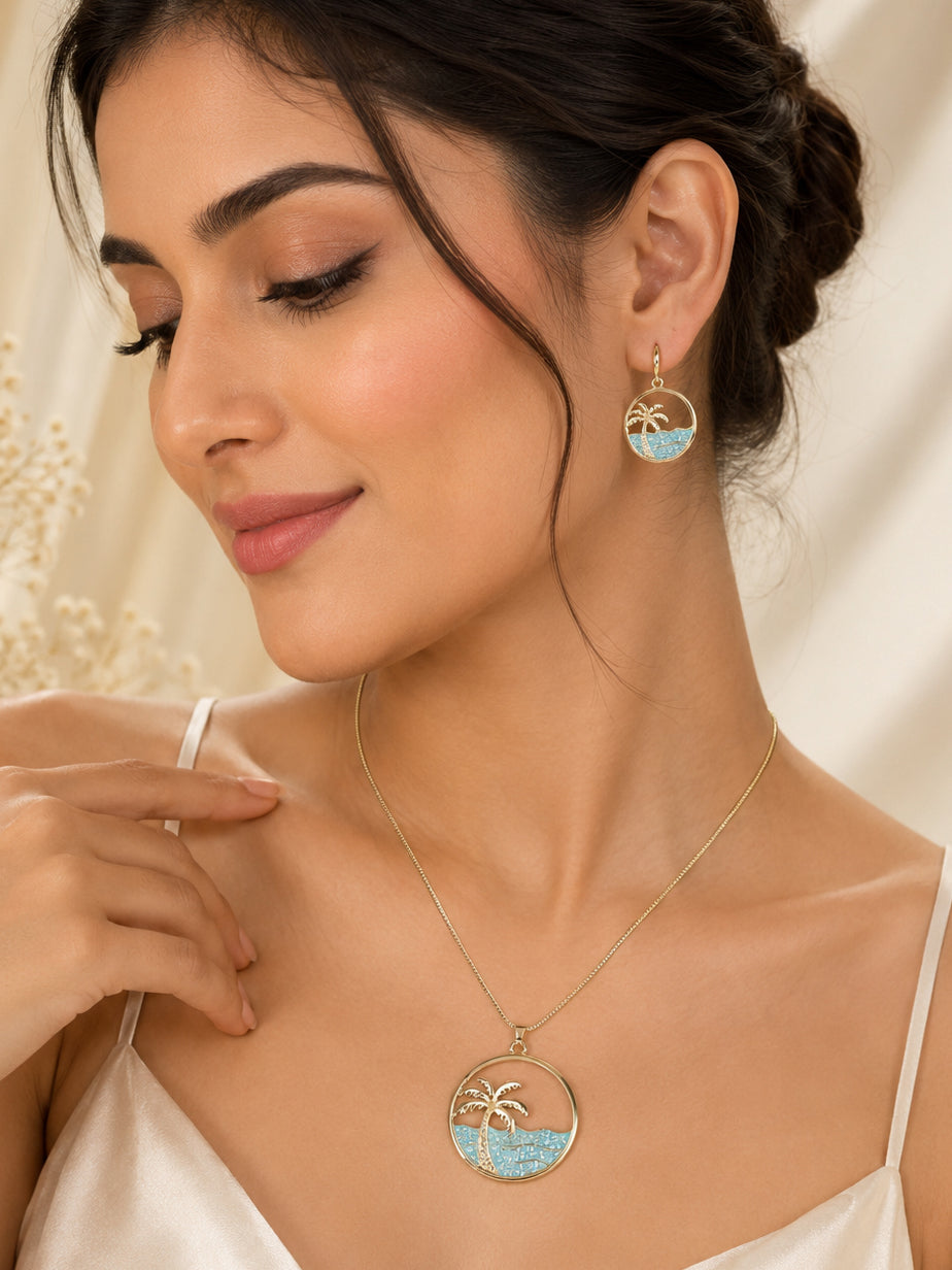 Aanura Palm Tree Ocean Necklace & Earrings Set