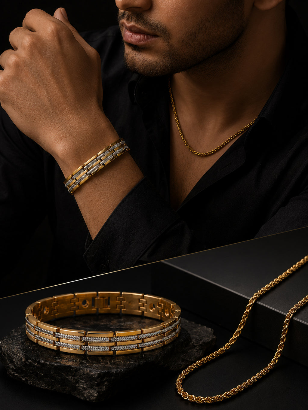 18K Gold Plated Rope Chain & Dual-Tone Bracelet Combo for Men