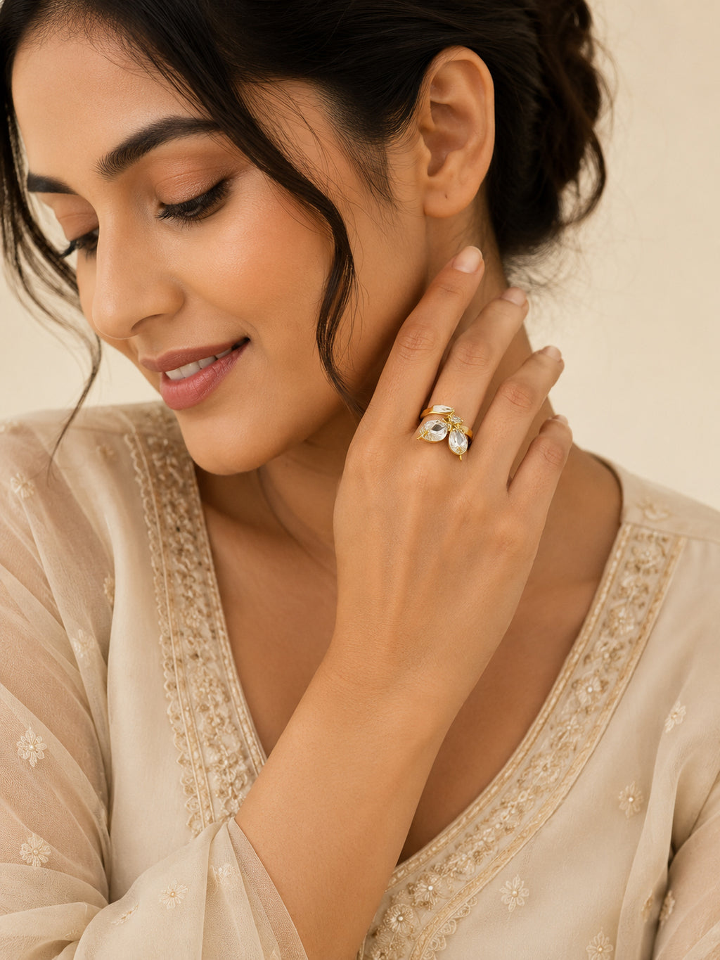 18K Gold Plated Anti- Tarnish Crystal Leaf Open Ring
