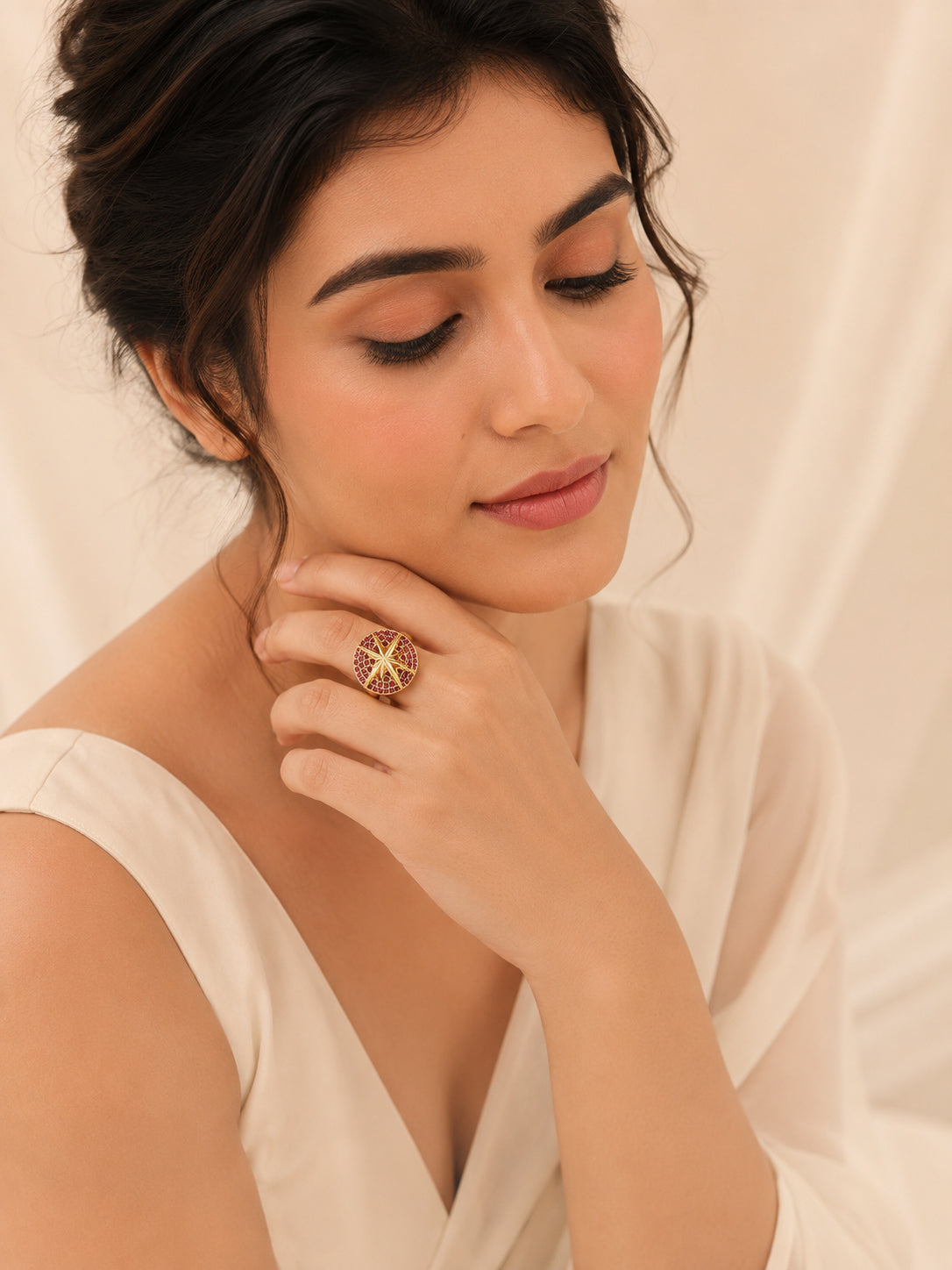 18K Gold Plated Pink Crystal Celestial Compass Ring